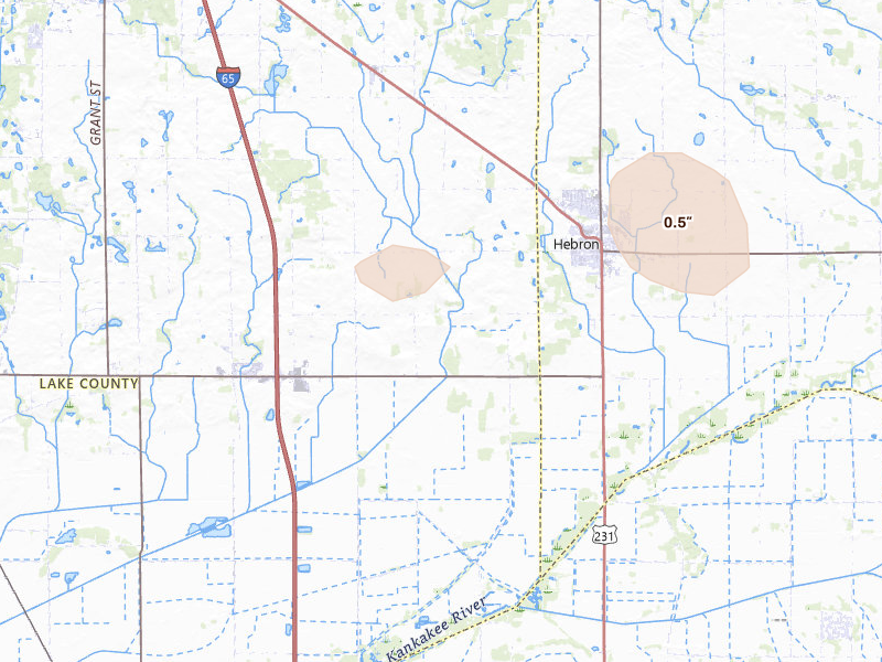 Radar-estimated hail-size map of the storm over Hebron, IN on Mar 31, 2026