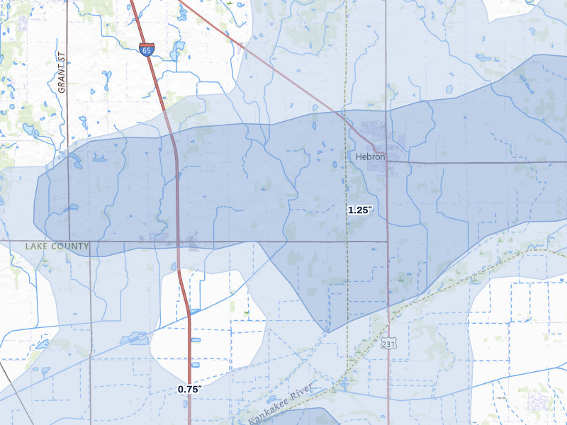 NEXRAD radar-signature map of the hail over Hebron, IN