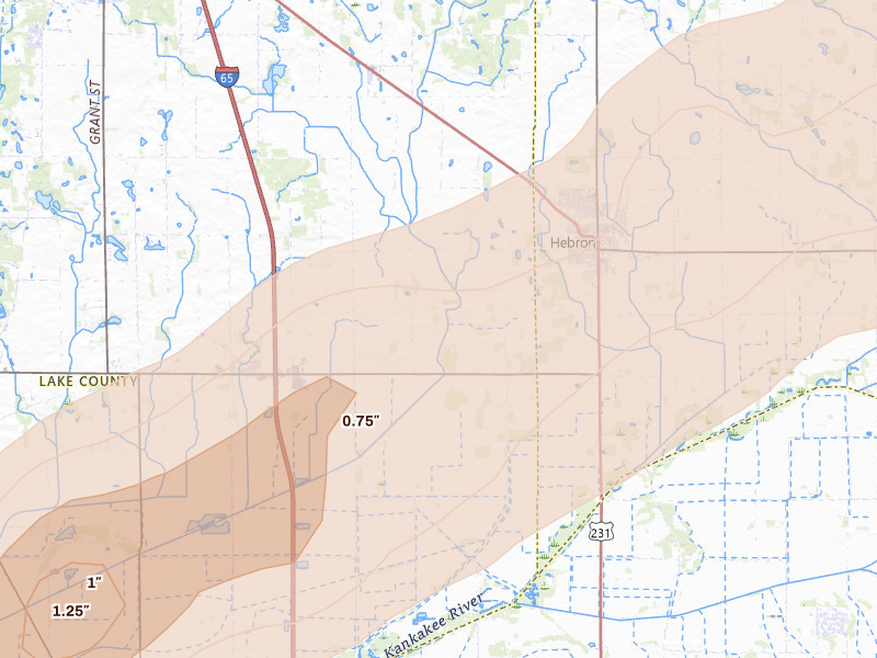 Radar-estimated hail-size map of the storm over Hebron, IN on Jun 11, 2026