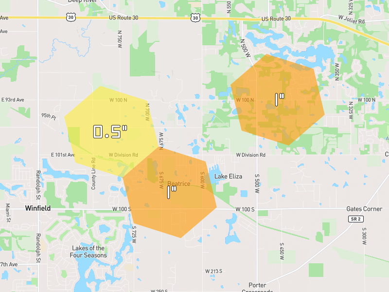 Hail map of Hebron, IN on Jul 4, 2026, hail up to 1"