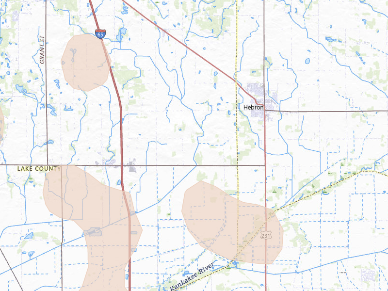 Radar-estimated hail-size map of the storm over Hebron, IN on Jul 27, 2026