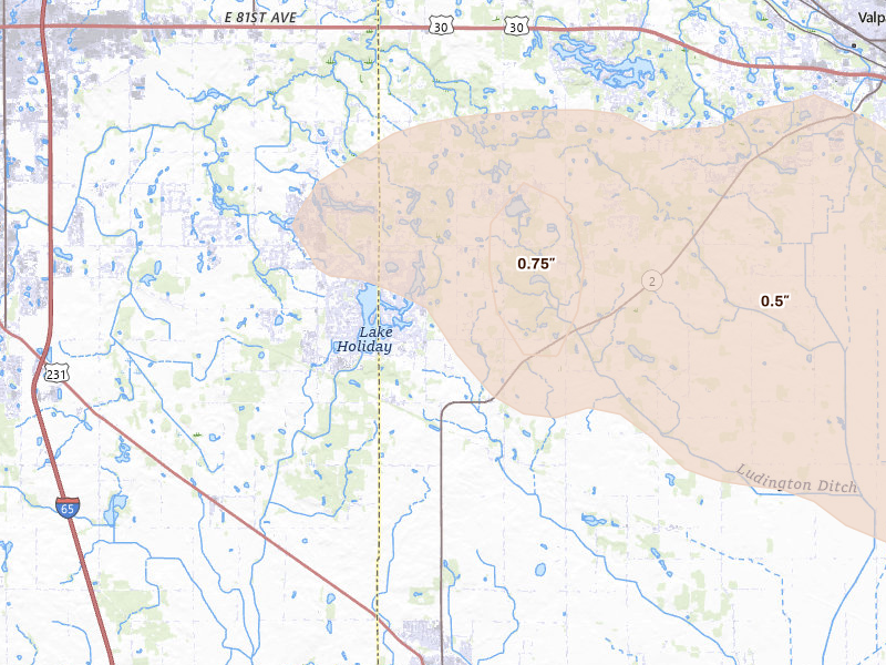 Radar-estimated hail-size map of the storm over Hebron, IN on Aug 9, 2026