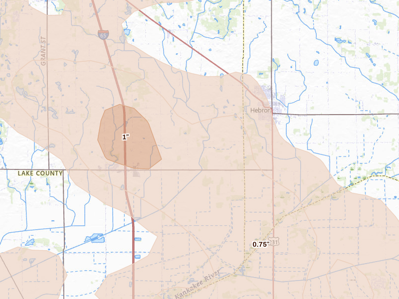 Radar-estimated hail-size map of the storm over Hebron, IN on Aug 11, 2026
