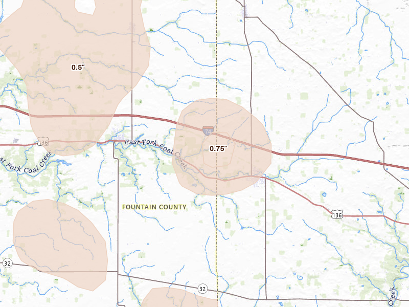 Radar-estimated hail-size map of the storm over Hillsboro, IN on Jun 6, 2026