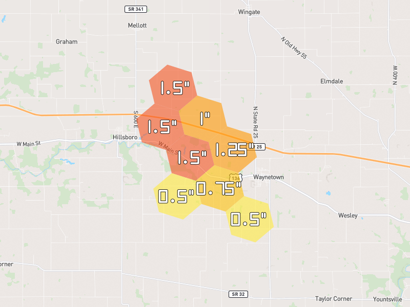 Hail map of Hillsboro, IN on Jun 6, 2026, hail up to 1.5"