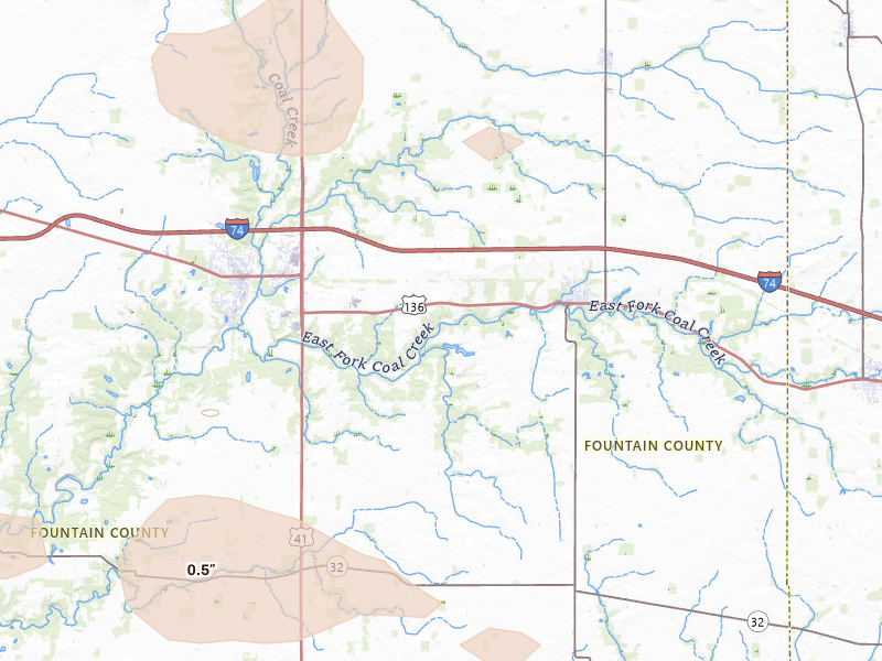 Radar-estimated hail-size map of the storm over Hillsboro, IN on Aug 9, 2026