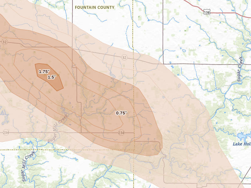 Radar-estimated hail-size map of the storm over Hillsboro, IN on Aug 11, 2026