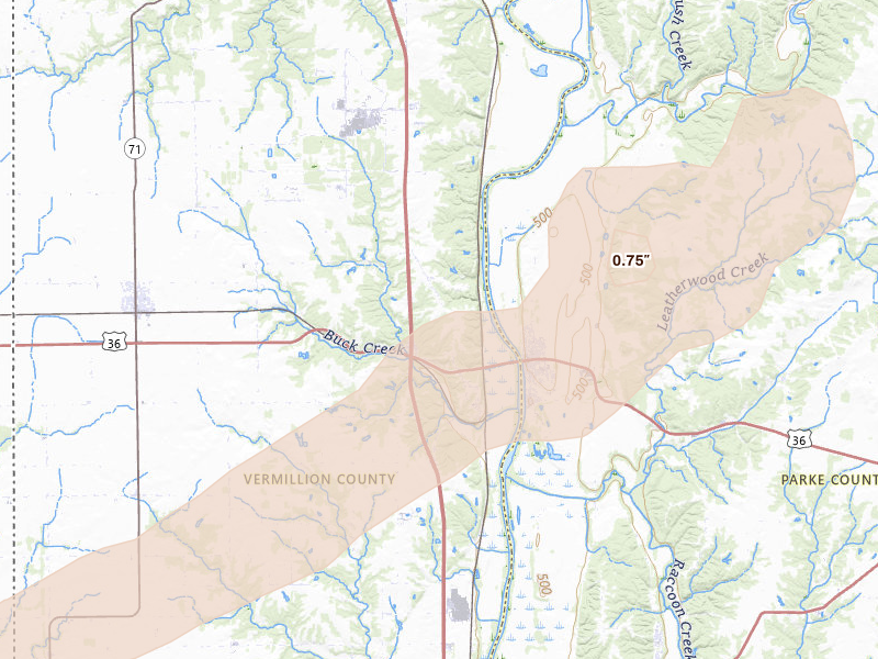 Radar-estimated hail-size map of the storm over Hillsdale, IN