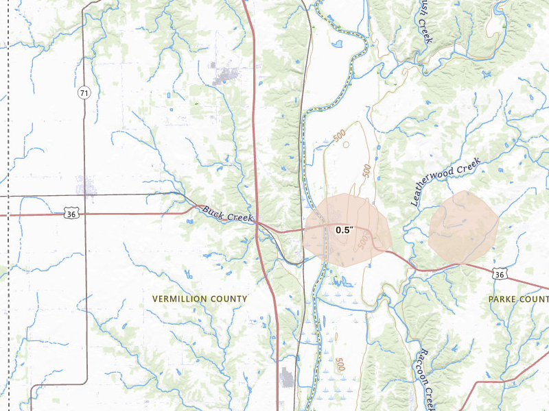 Radar-estimated hail-size map of the storm over Hillsdale, IN on Aug 16, 2026