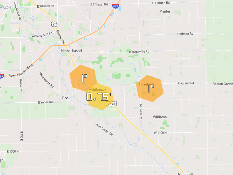 Hail map of Hoagland, IN on Jun 7, 2026, hail up to 1"