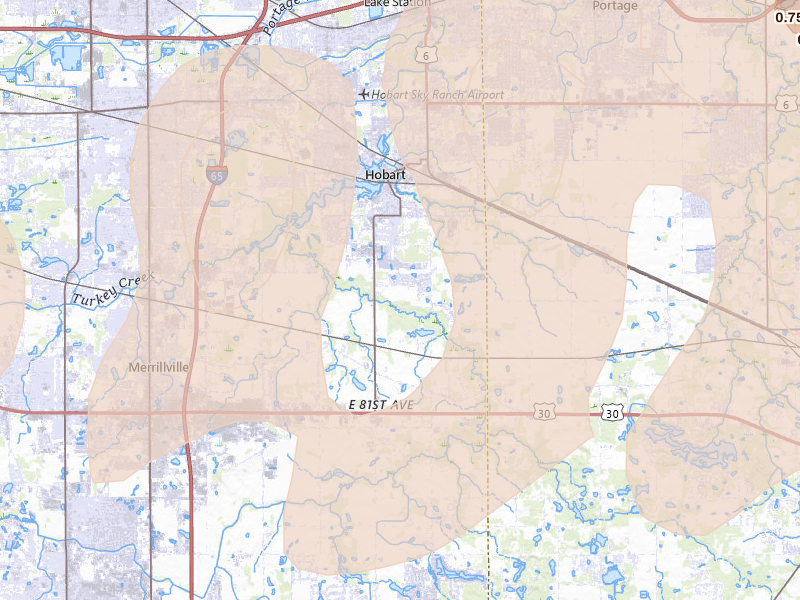 Radar-estimated hail-size map of the storm over Hobart, IN on Mar 10, 2026