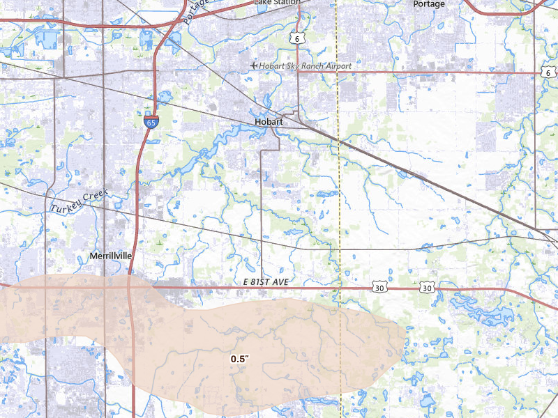 Radar-estimated hail-size map of the storm over Hobart, IN on Mar 31, 2026
