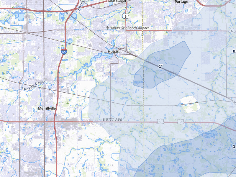 NEXRAD radar-signature map of the hail storm over Hobart, IN on Jul 3, 2026