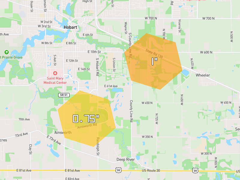 Hail map of Hobart, IN on Jul 4, 2026, hail up to 1"