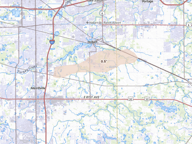 Radar-estimated hail-size map of the storm over Hobart, IN on Jul 9, 2026