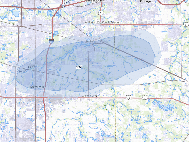 NEXRAD radar-signature map of the hail storm over Hobart, IN on Jul 9, 2026