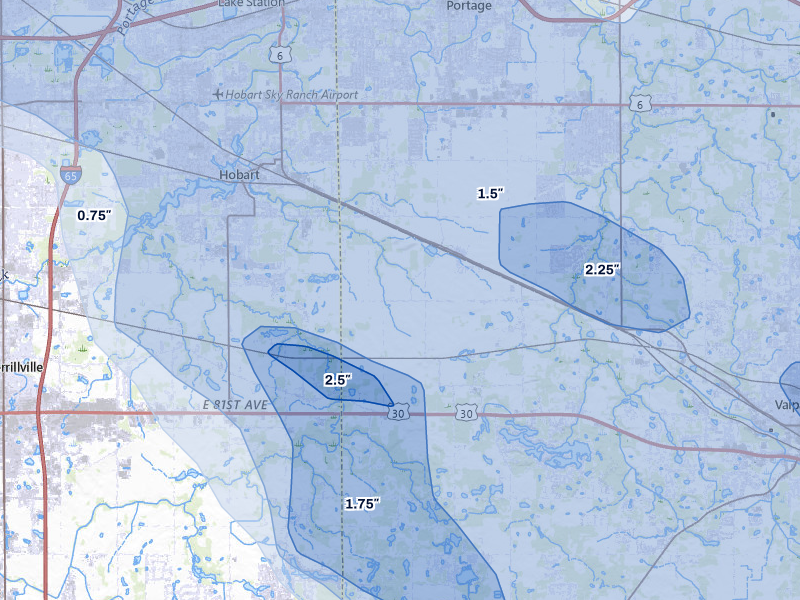 NEXRAD radar-signature map of the hail storm over Hobart, IN on Aug 9, 2026