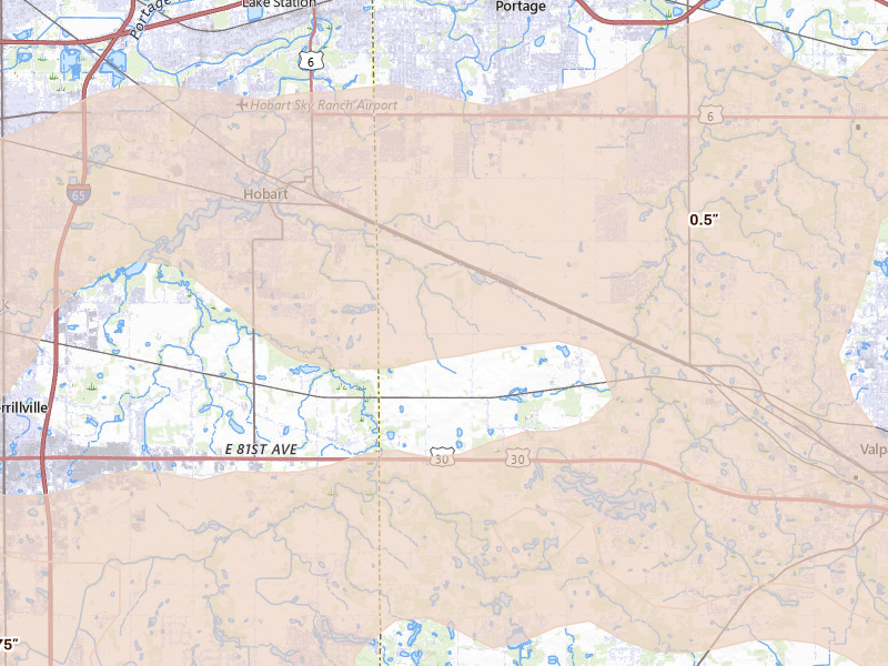 Radar-estimated hail-size map of the storm over Hobart, IN on Aug 11, 2026
