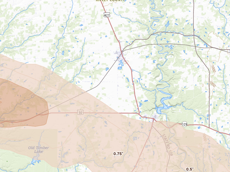 Radar-estimated hail-size map of the storm over Holton, IN on Jul 21, 2026