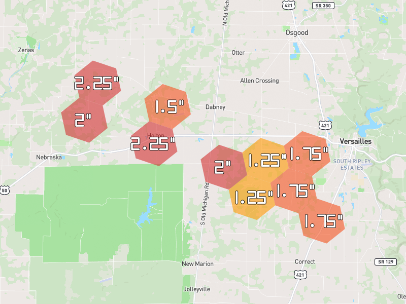 Hail map of Holton, IN on Jul 21, 2026, hail up to 2.25"