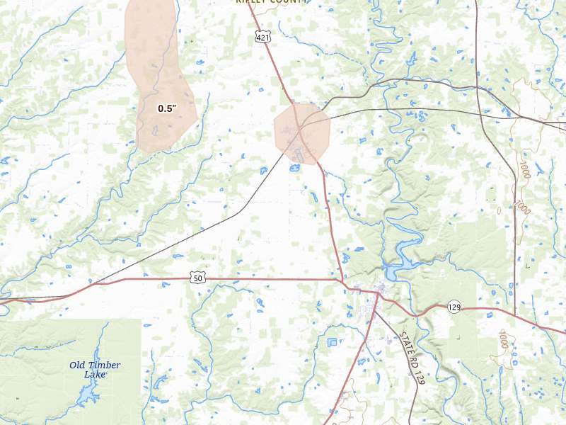 Radar-estimated hail-size map of the storm over Holton, IN on Aug 11, 2026