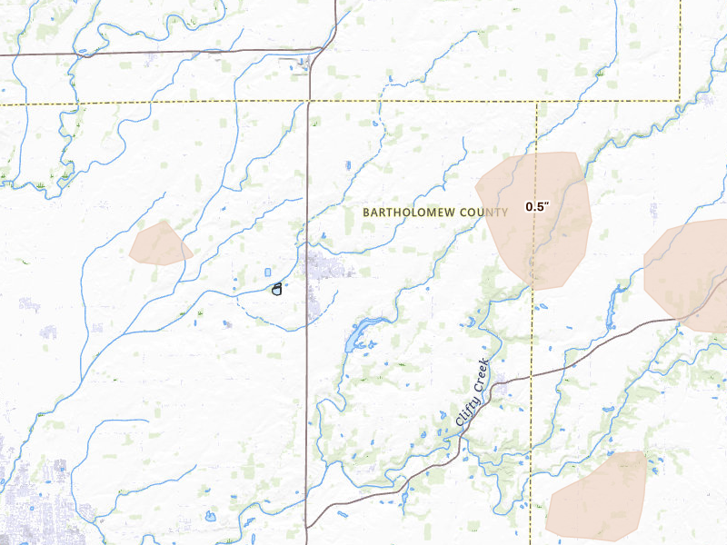 Radar-estimated hail-size map of the storm over Hope, IN on Aug 11, 2026
