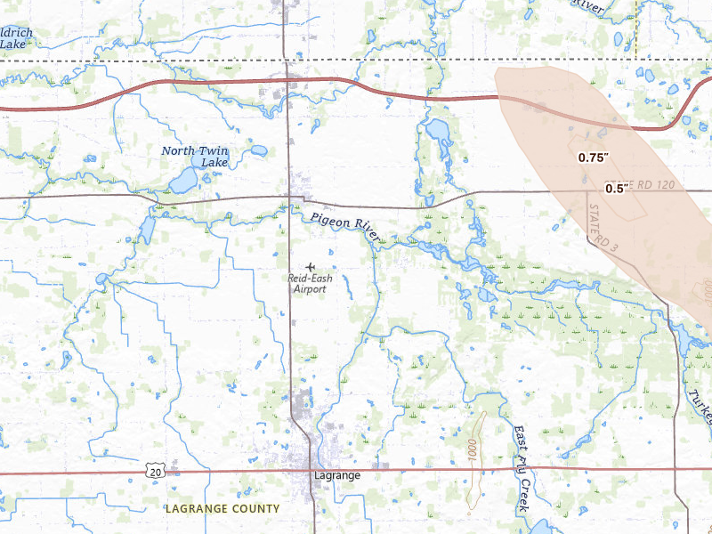 Radar-estimated hail-size map of the storm over Howe, IN on Jul 27, 2026