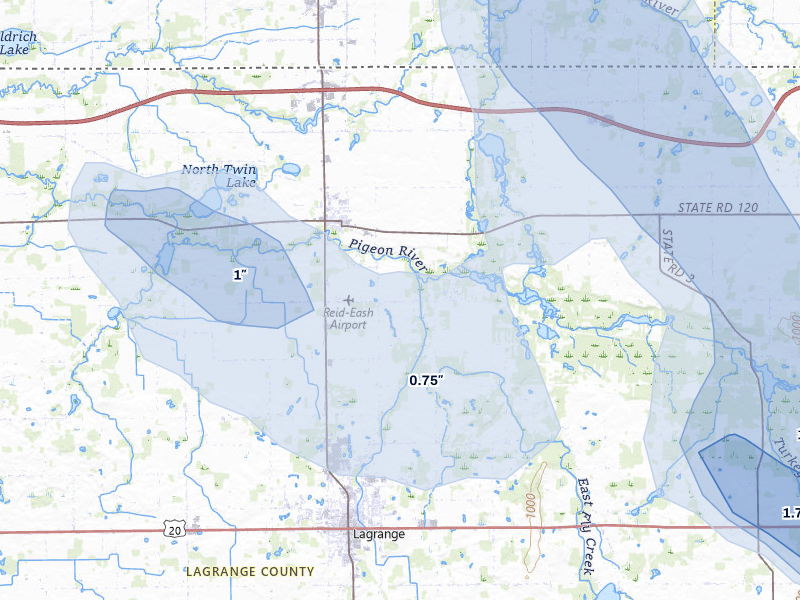 NEXRAD radar-signature map of the hail storm over Howe, IN on Jul 27, 2026