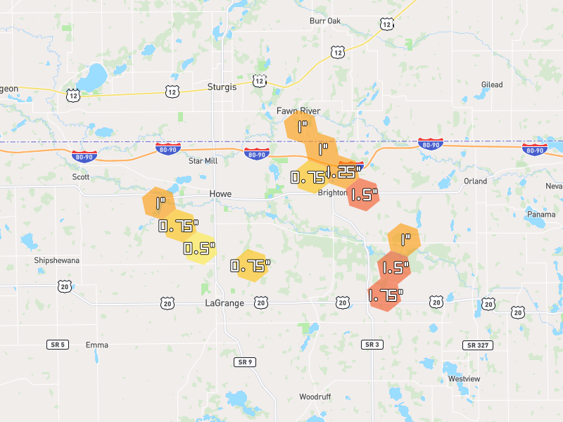 Hail map of Howe, IN on Jul 28, 2026, hail up to 1.75"