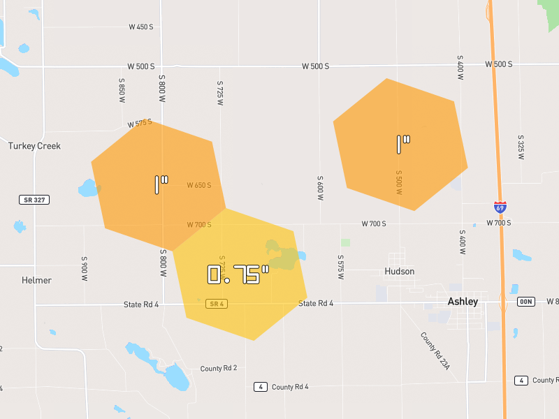 Hail map of Hudson, IN on Jul 4, 2026, hail up to 1"