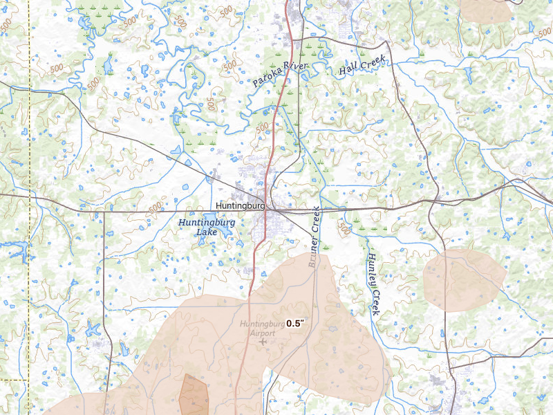 Radar-estimated hail-size map of the storm over Huntingburg, IN on Apr 27, 2026