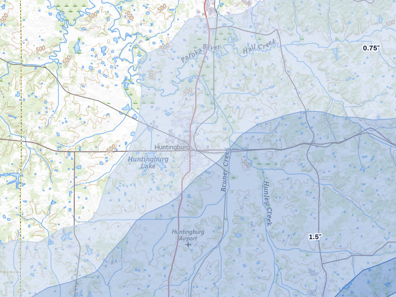 NEXRAD radar-signature map of the hail storm over Huntingburg, IN on May 16, 2026