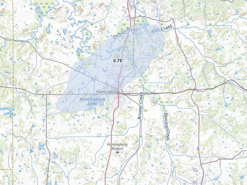 NEXRAD radar-signature map of the hail storm over Huntingburg, IN on Jun 27, 2026