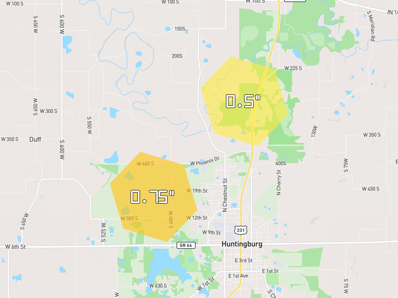 Hail map of Huntingburg, IN on Jun 27, 2026, hail up to 0.75"