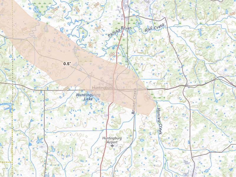 Radar-estimated hail-size map of the storm over Huntingburg, IN on Jul 21, 2026