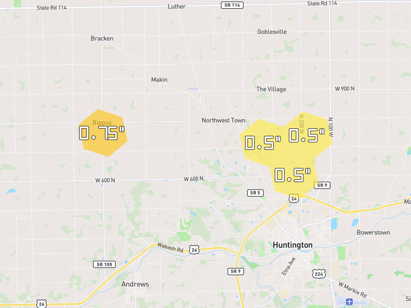 Hail map of Huntington, IN on Jun 6, 2026, hail up to 0.75"