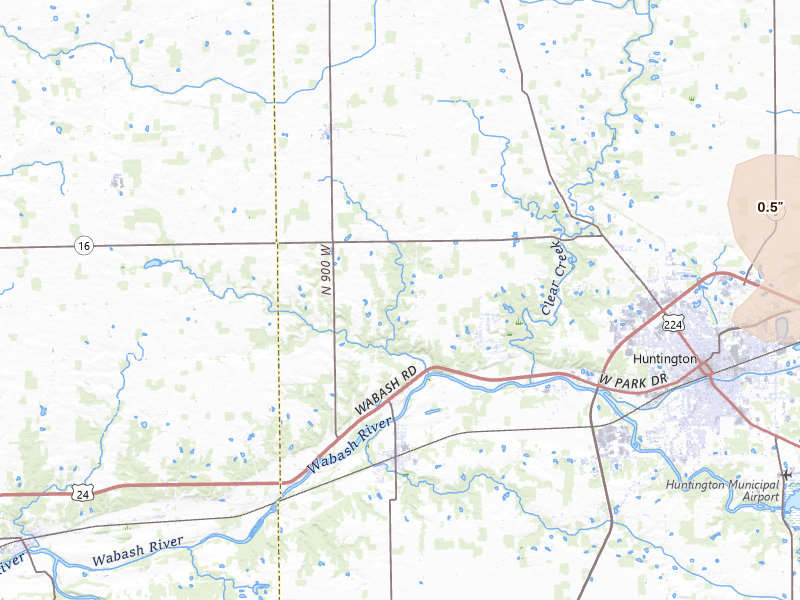 Radar-estimated hail-size map of the storm over Huntington, IN on Jul 3, 2026