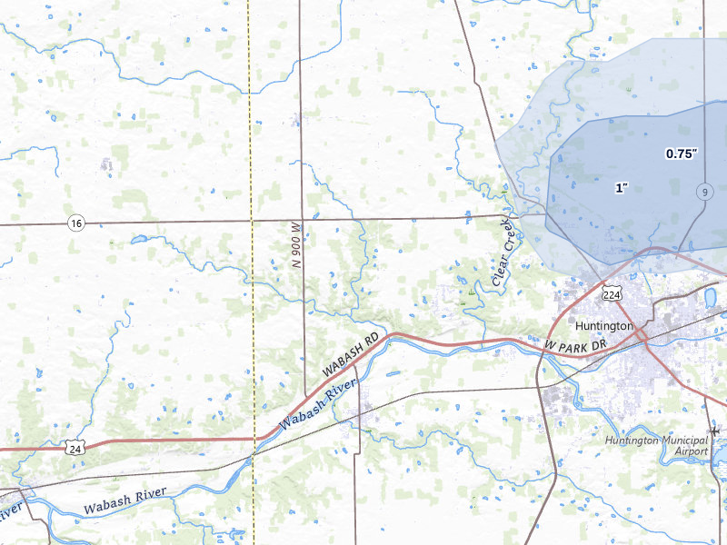 NEXRAD radar-signature map of the hail storm over Huntington, IN on Jul 3, 2026