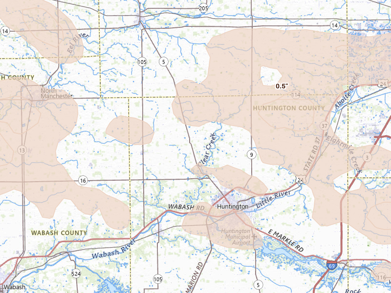 Radar-estimated hail-size map of the storm over Huntington, IN on Aug 10, 2026