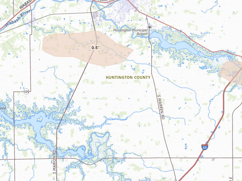 Radar-estimated hail-size map of the storm over Huntington, IN on Aug 26, 2026