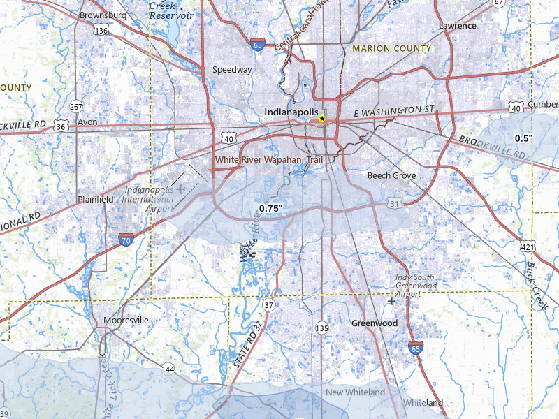 NEXRAD radar-signature map of the hail storm over Indianapolis, IN on Mar 22, 2026