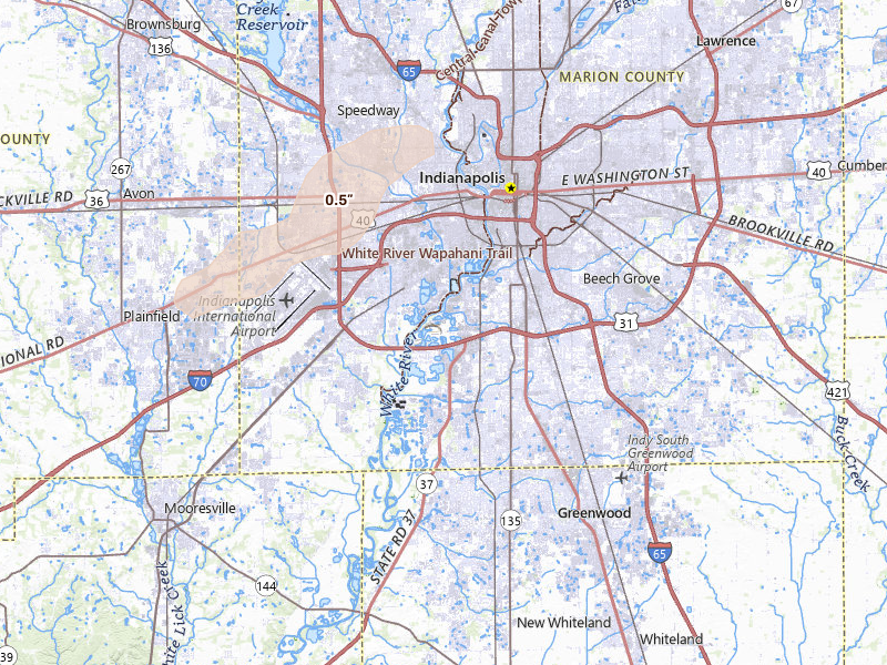 Radar-estimated hail-size map of the storm over Indianapolis, IN on Apr 24, 2026