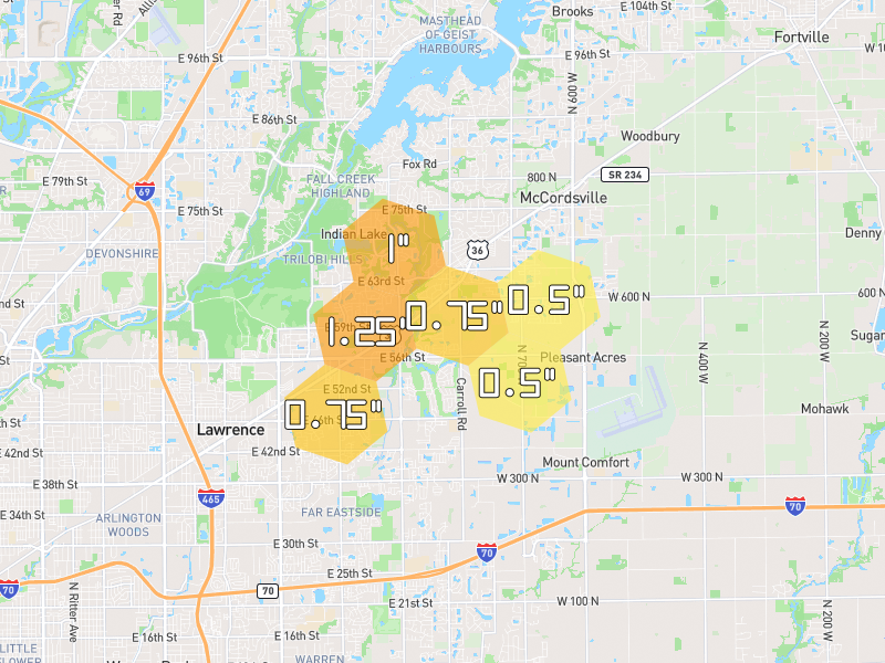 Hail map of Indianapolis, IN on Jun 7, 2026, hail up to 1.25"