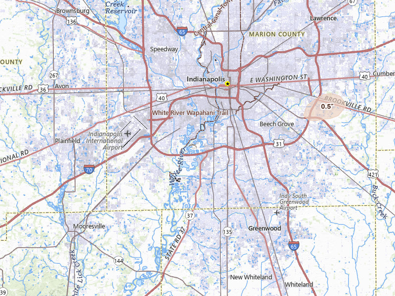 Radar-estimated hail-size map of the storm over Indianapolis, IN on Jul 4, 2026