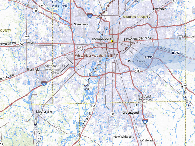 NEXRAD radar-signature map of the hail over Indianapolis, IN
