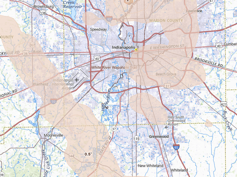 Radar-estimated hail-size map of the storm over Indianapolis, IN on Jul 27, 2026