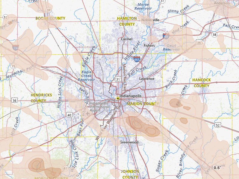 Radar-estimated hail-size map of the storm over Indianapolis, IN on Aug 11, 2026