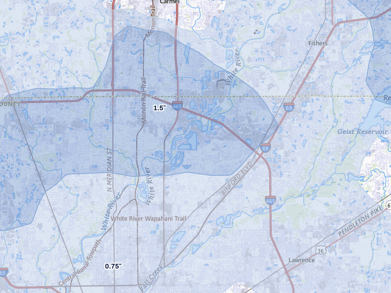NEXRAD radar-signature map of the hail storm over Indianapolis, IN on Aug 11, 2026