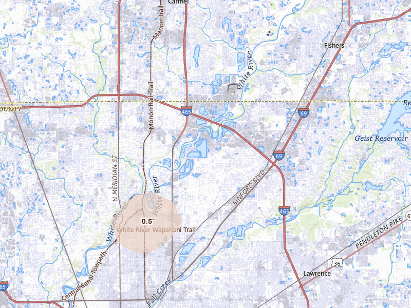 Radar-estimated hail-size map of the storm over Indianapolis, IN on Aug 15, 2026