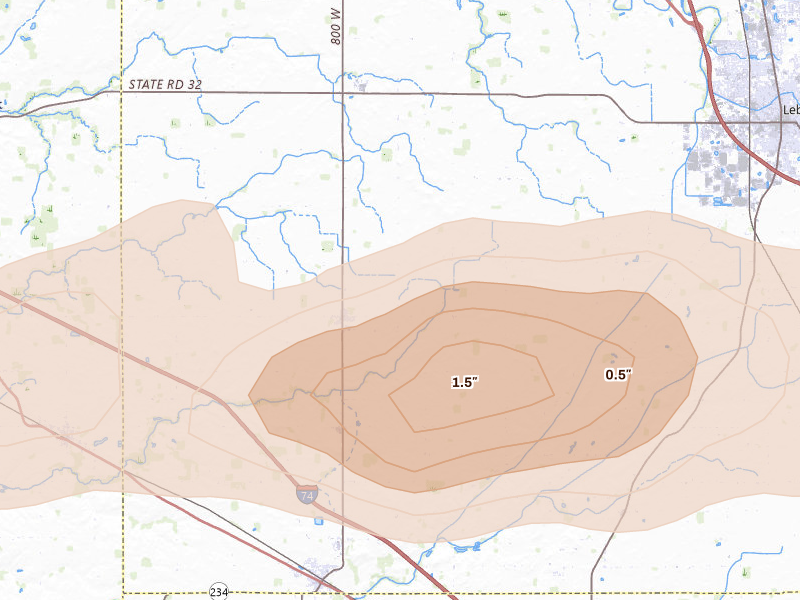 Radar-estimated hail-size map of the storm over Jamestown, IN on Apr 14, 2026